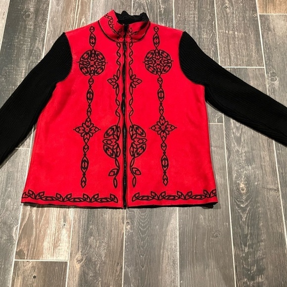 Coldwater Creek Red Black Beaded Faux Suede Zip Up Sweater Jacket Sz large - Picture 1 of 7